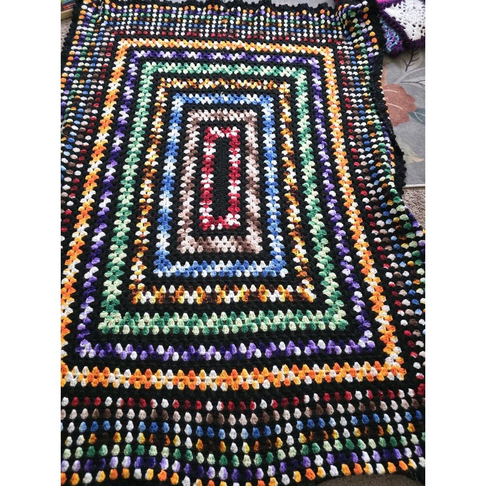 Vintage Crochet Granny Square Afghan Blanket Colorful Throw 70s Retro 67"x49"